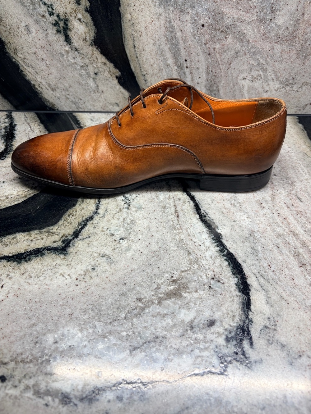 Santoni Cap Toe Oxford Shoes 10.5 US Cognac Brown Hand Burnished Made in Italy - Picture 5 of 12